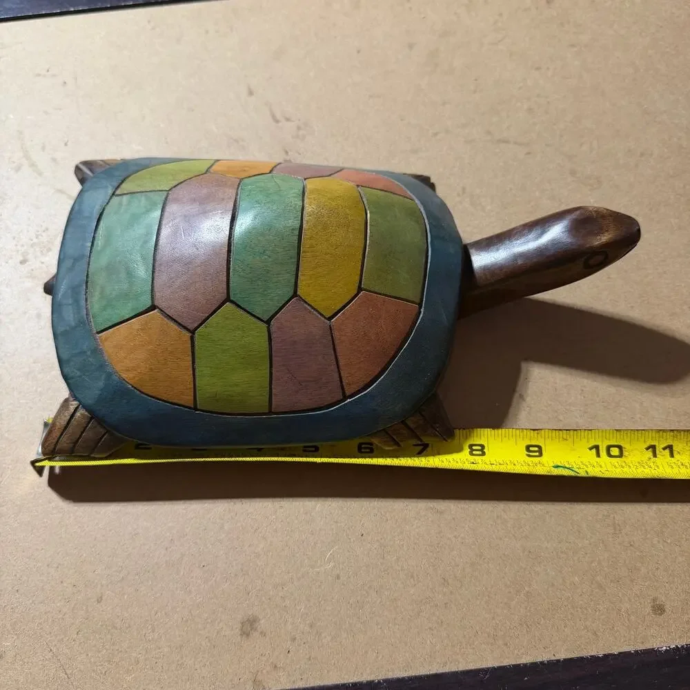 Hand Carved Wood Turtle Figurine Colorful Mosaic Shell Sculpture Folk Art Decor